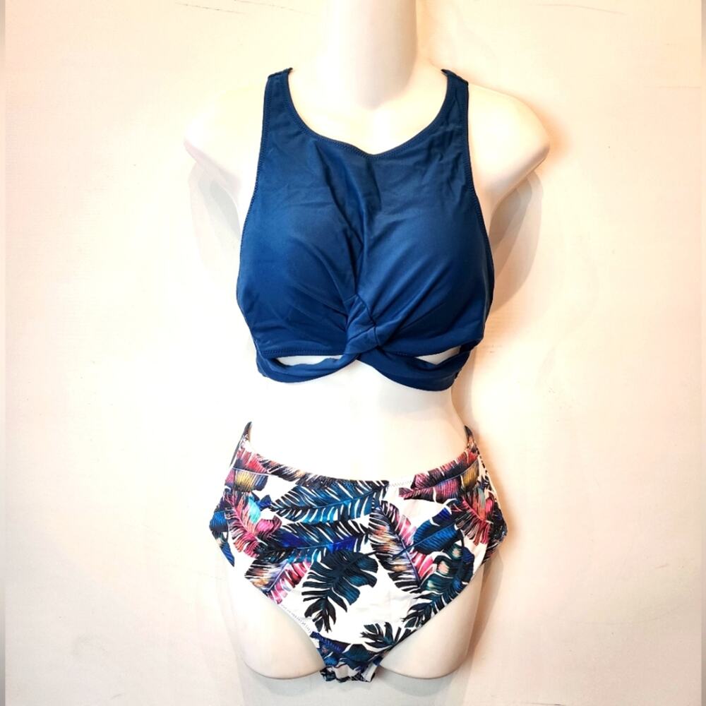 Blooming Jelly High Waist Blue Swimsuit Two Piece Tropical Print NWOT‎ Size L